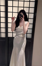 White Cowl-Neck Satin Mermaid Maxi Dress - garment detail