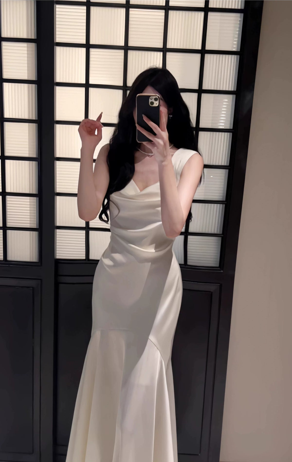 White Cowl-Neck Satin Mermaid Maxi Dress - garment detail