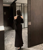Black Embellished Halter Cold-Shoulder Midi Dress - garment detail