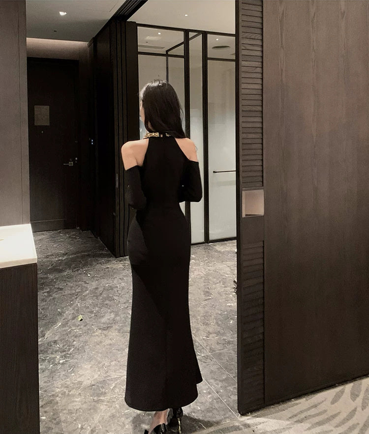 Black Embellished Halter Cold-Shoulder Midi Dress - garment detail