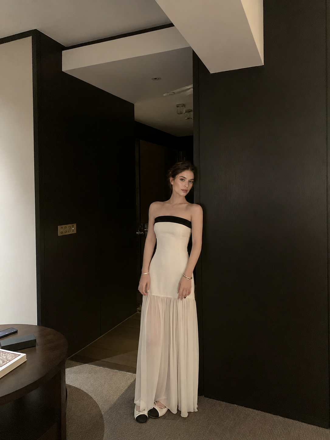 Ivory and Black Strapless Evening Maxi Dress - Ivory and Black