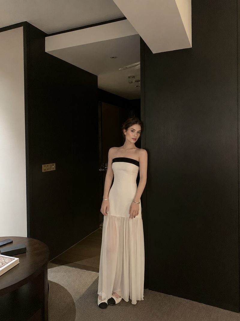 Ivory and Black Strapless Evening Maxi Dress - Ivory and Black