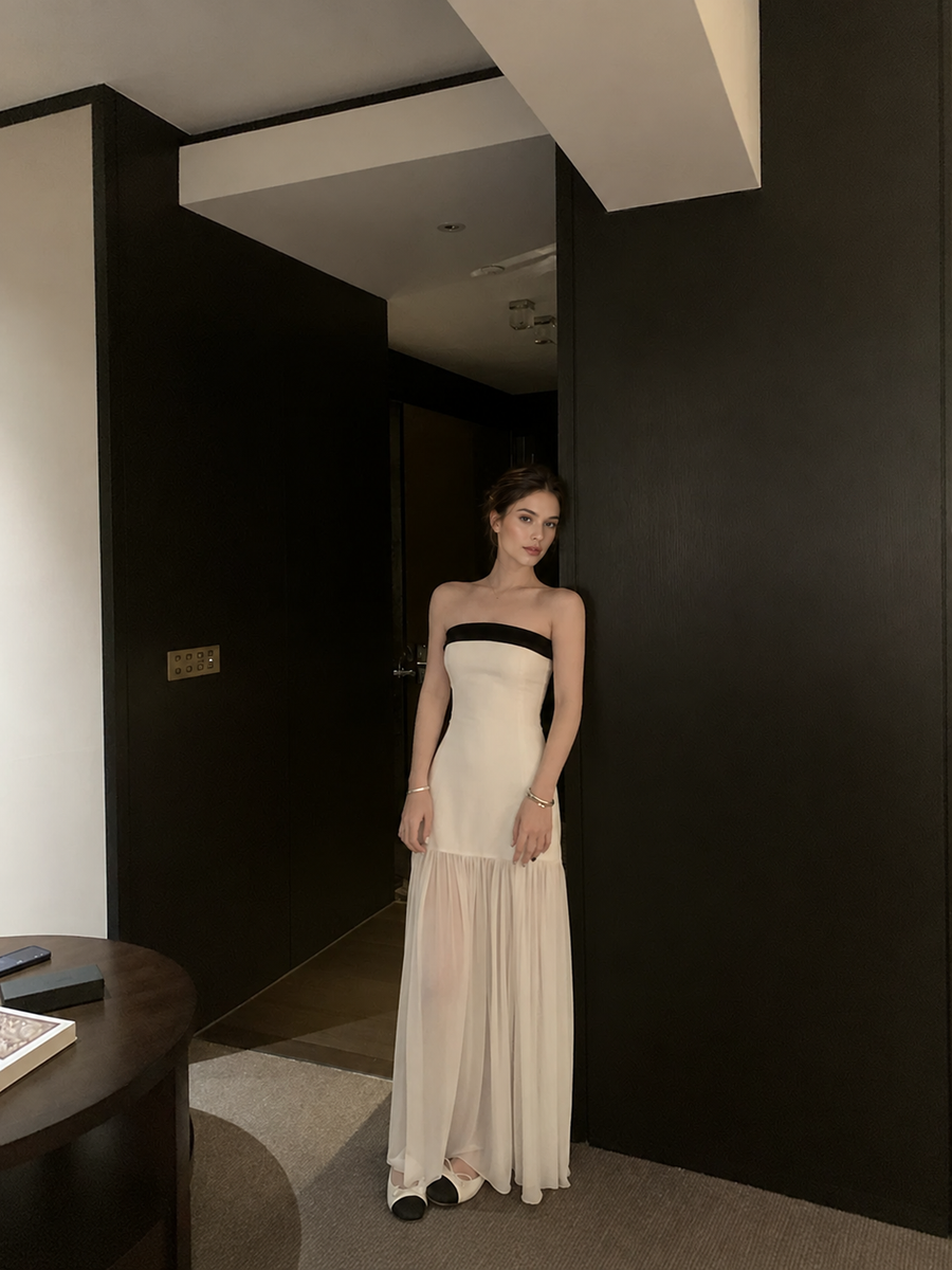 Ivory and Black Strapless Evening Maxi Dress