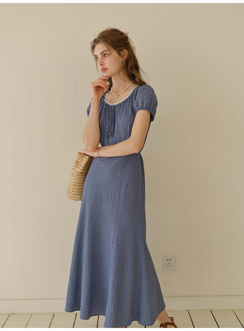 Women's Cotton Blend Blue Checkered Dress with Lace Trim