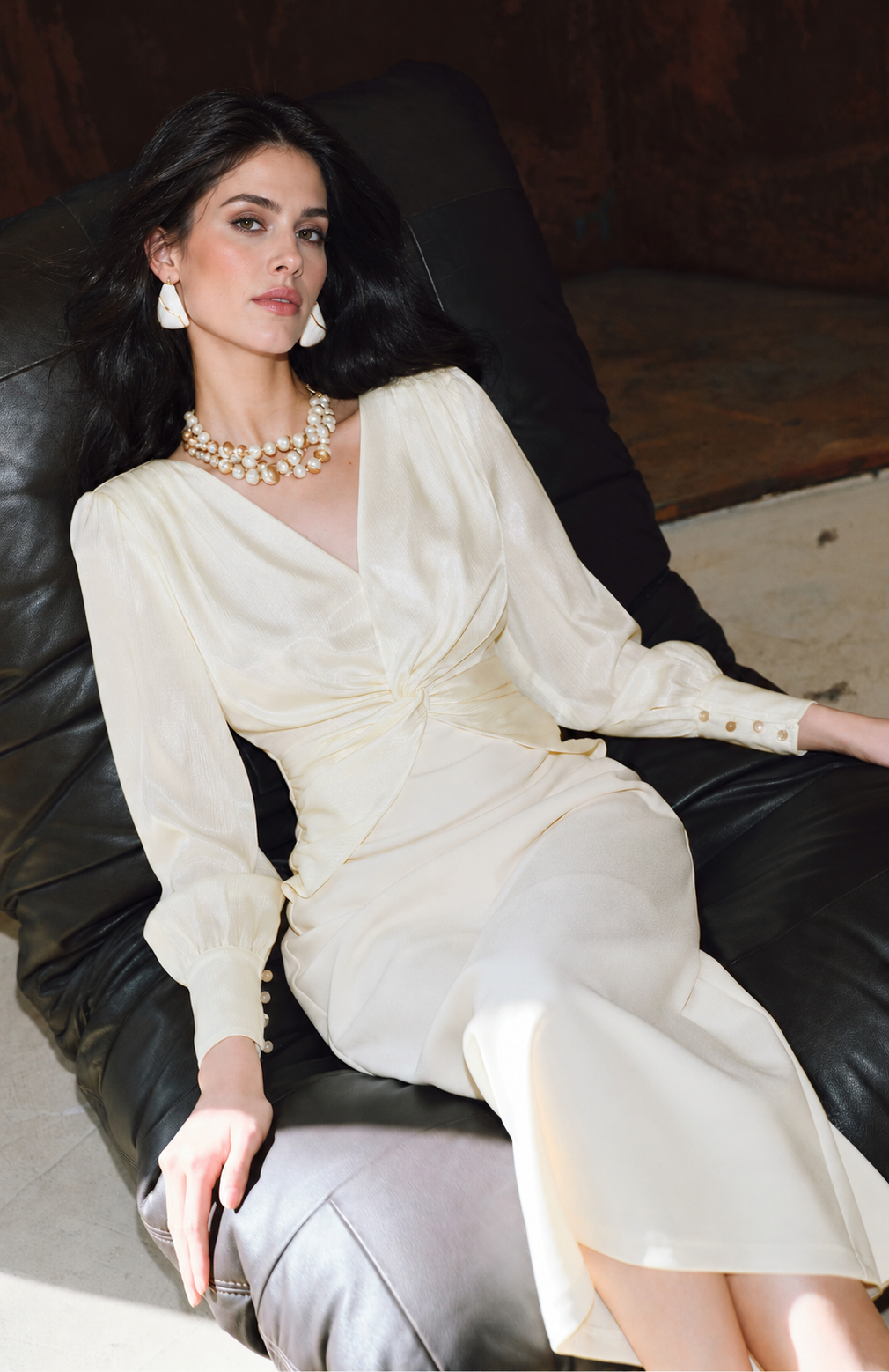 V-Neck Twist Front Long Sleeve Dress - White