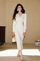 V-Neck Twist Front Long Sleeve Dress - White