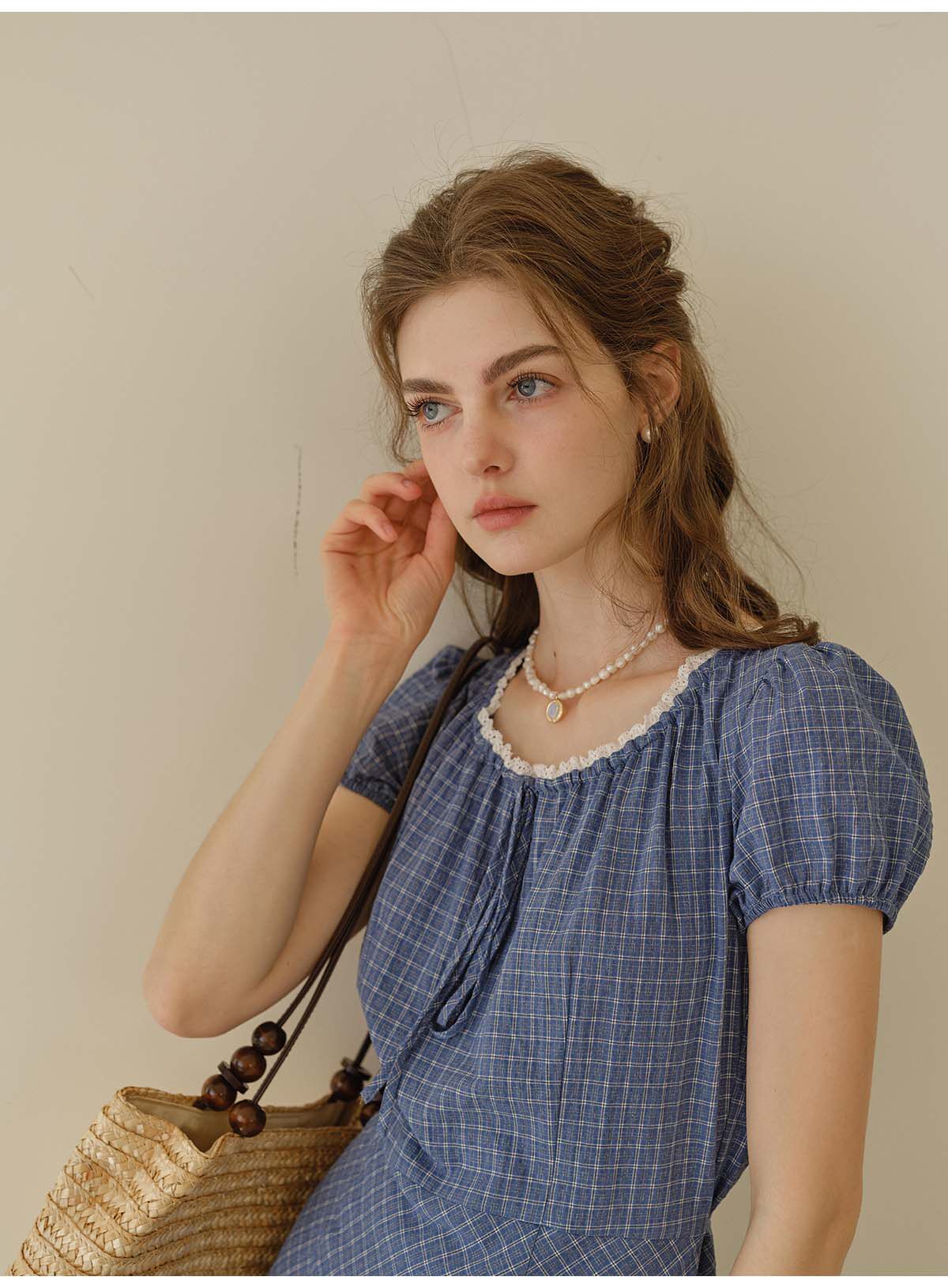 Women's Cotton Blend Blue Checkered Dress with Lace Trim