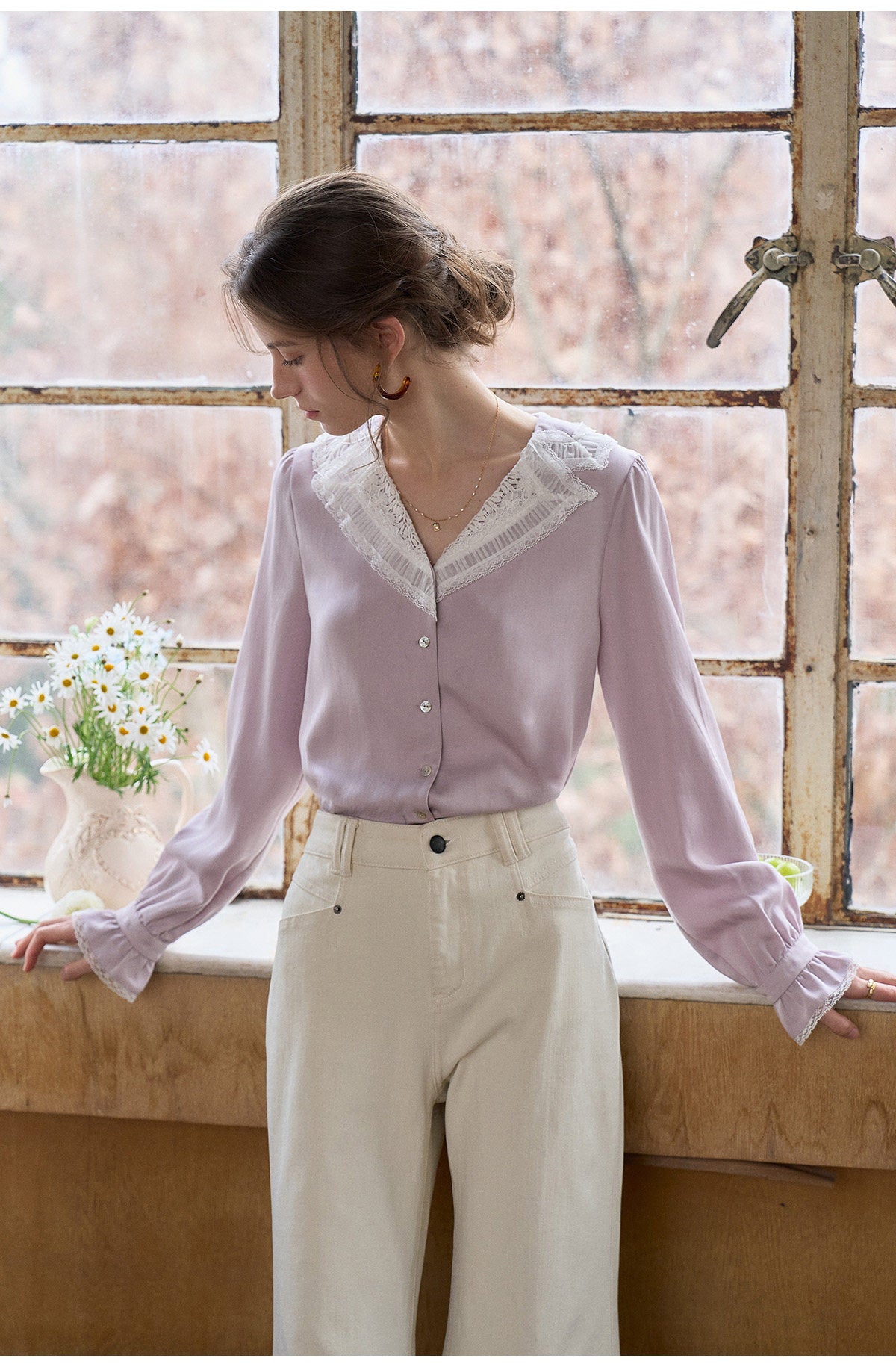 French Lace Collar Lyocell Long Sleeve Blouse