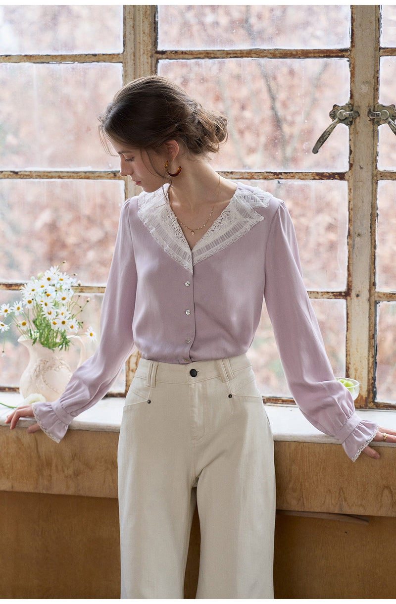 French Lace Collar Lyocell Long Sleeve Blouse