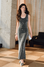 Embellished Metallic Sleeveless Mermaid Maxi Dress - Black and Silver