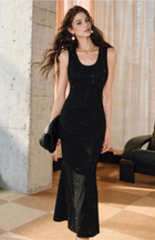 Embellished Metallic Sleeveless Mermaid Maxi Dress - Black