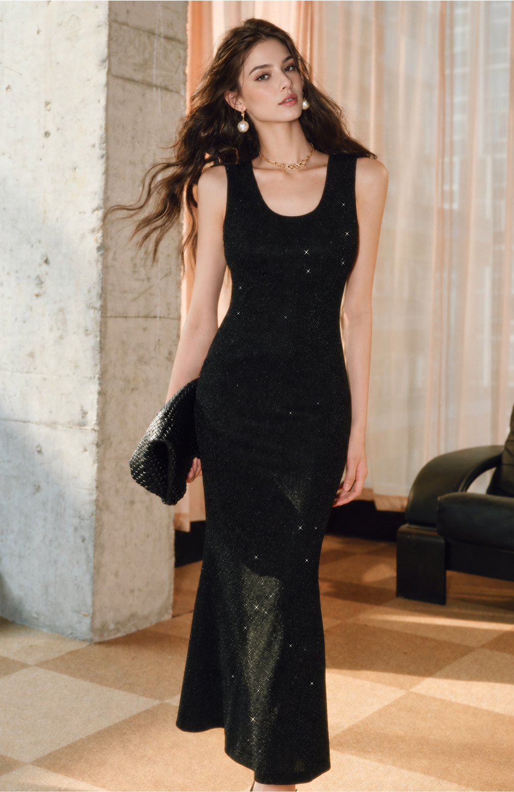 Embellished Metallic Sleeveless Mermaid Maxi Dress - Black