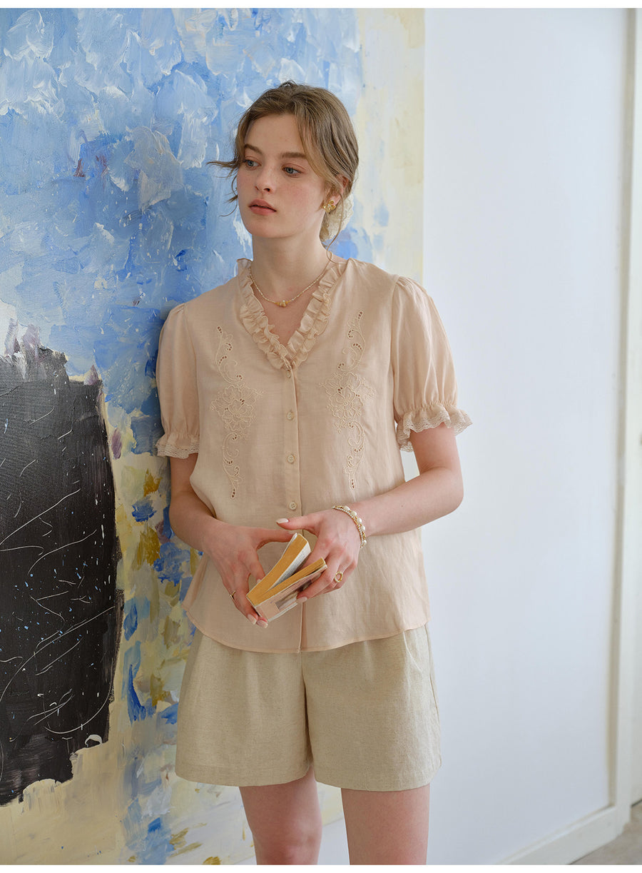 French Ruffled V-Neck Embroidered Tencel Ramie Blouse