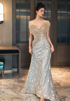 Off-Shoulder Sequin Mermaid Maxi Dress - Silver