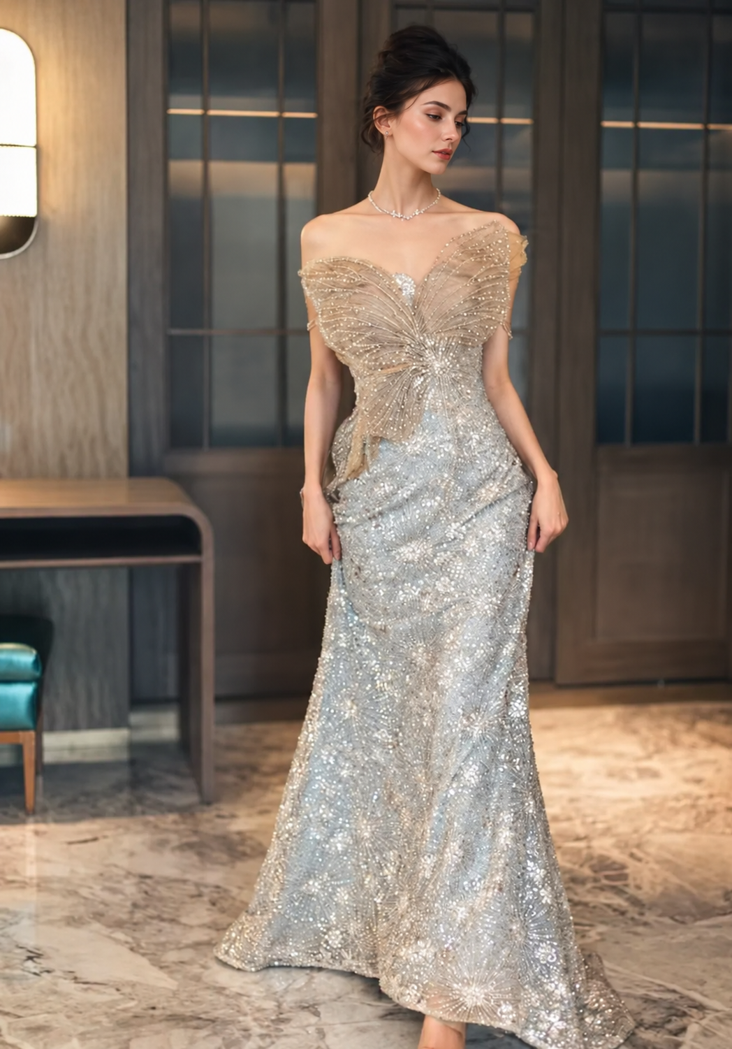 Off-Shoulder Sequin Mermaid Maxi Dress - Silver