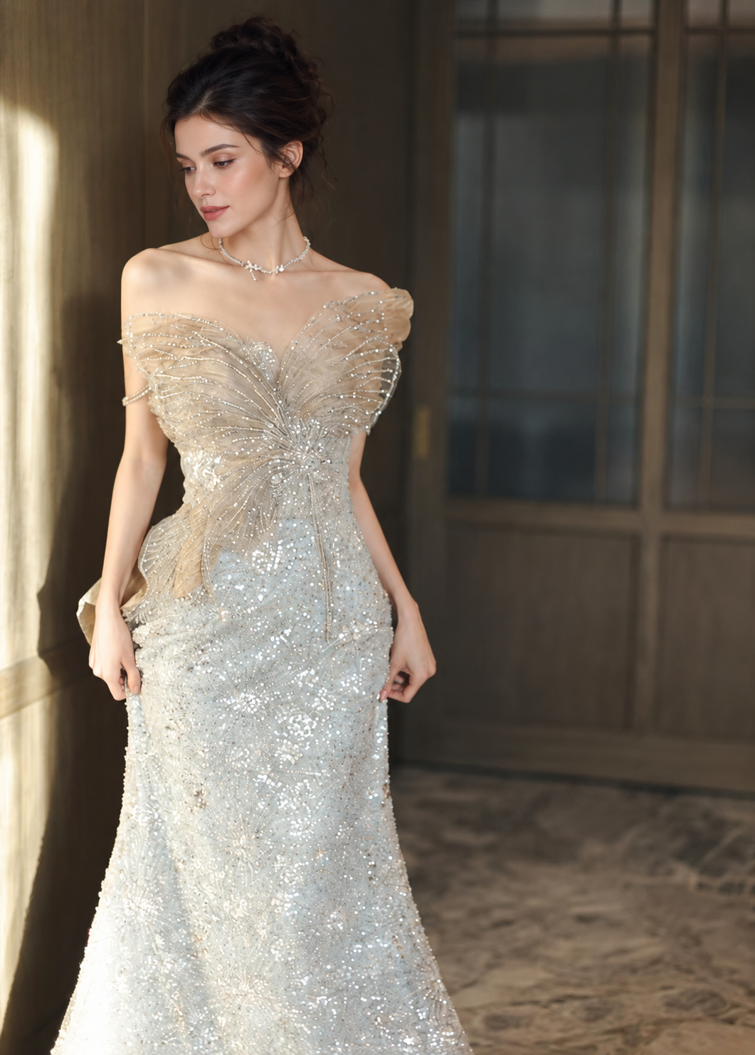 Off-Shoulder Sequin Mermaid Maxi Dress - Silver