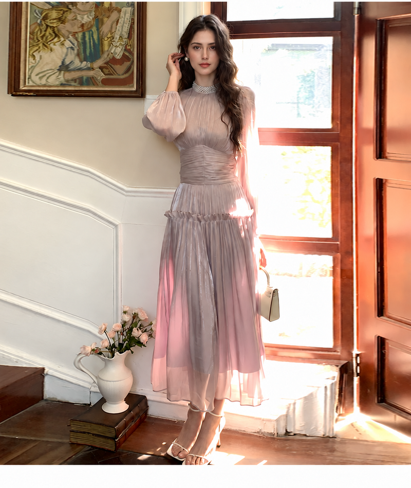 Ruched Long-Sleeve Satin-Finish Occasion Dress, pink purple, front view