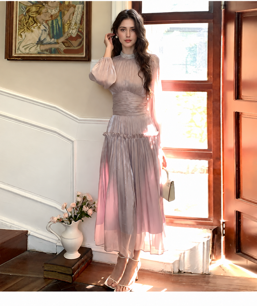 Ruched Long-Sleeve Satin-Finish Occasion Dress