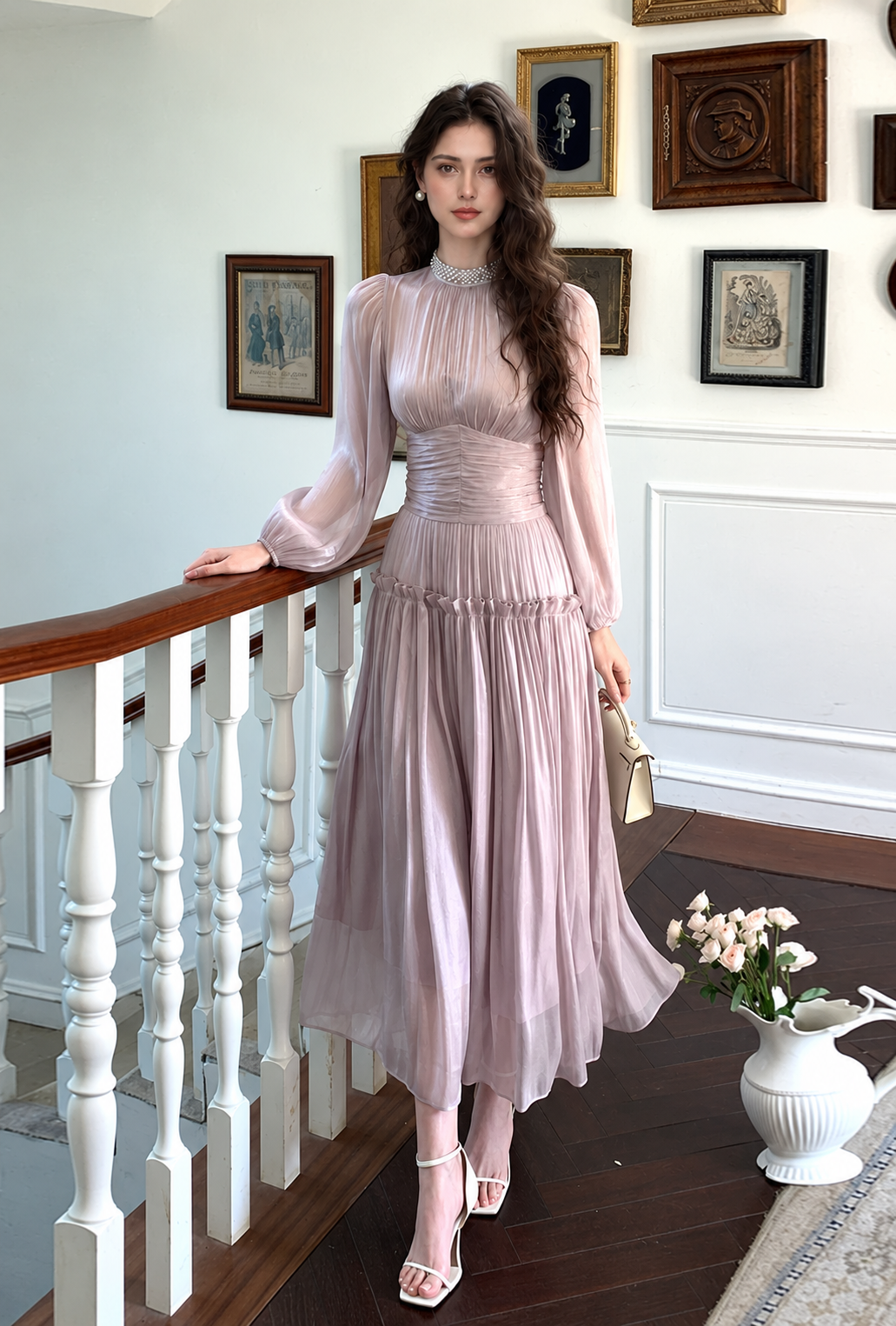 Ruched Long-Sleeve Satin-Finish Occasion Dress, pink purple, additional view