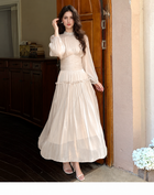 Ruched Long-Sleeve Satin-Finish Occasion Dress, apricot, additional view