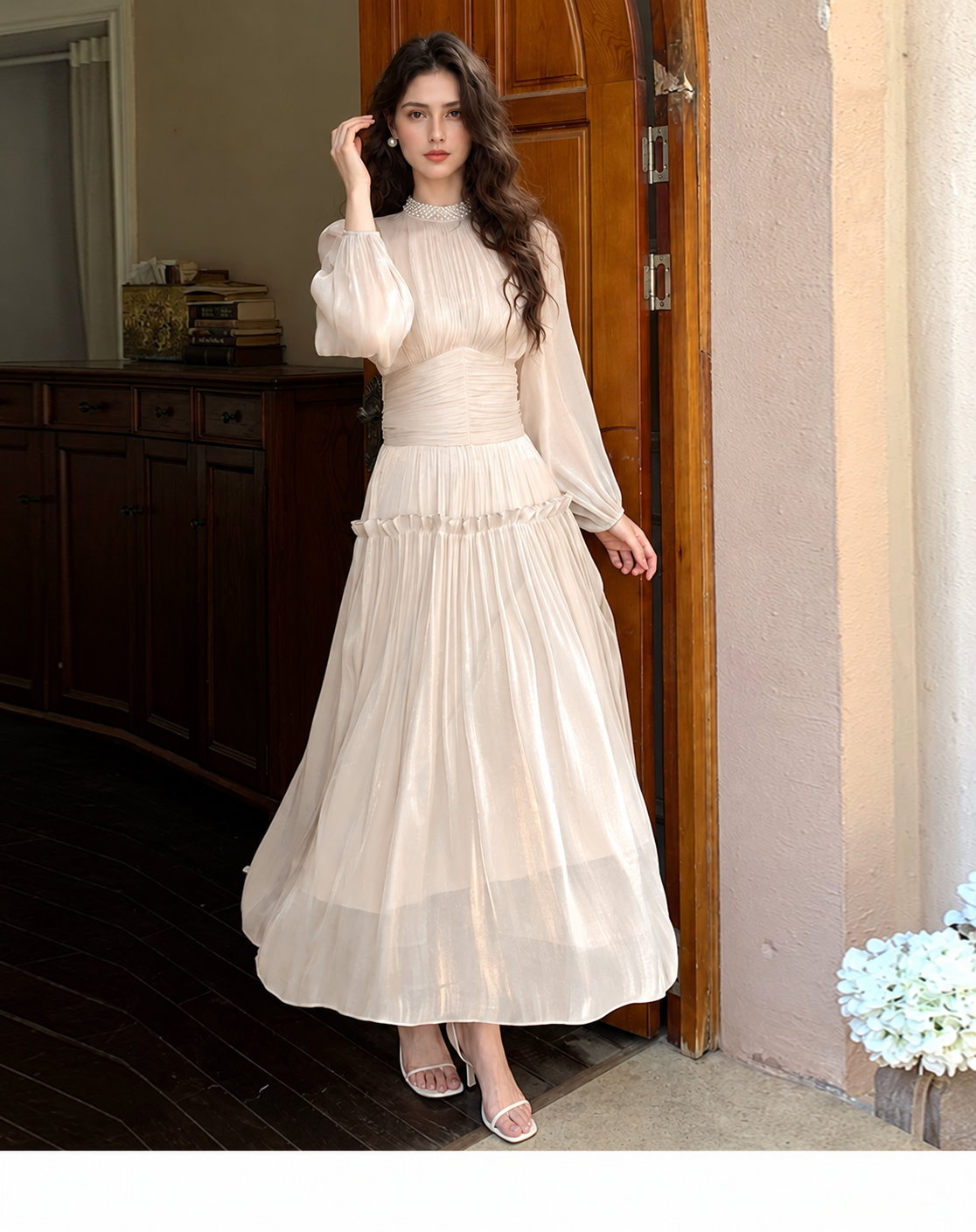 Ruched Long-Sleeve Satin-Finish Occasion Dress, apricot, additional view
