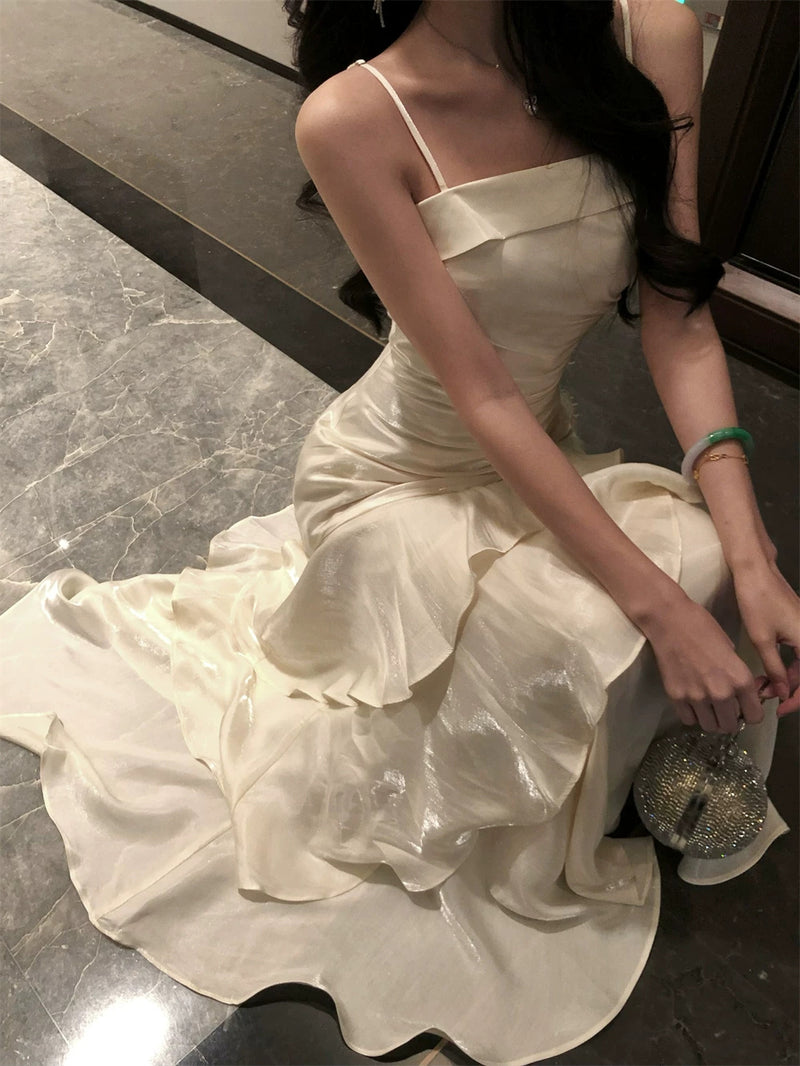 Ivory Ruffle-Tier Strappy Evening Maxi Dress - garment detail