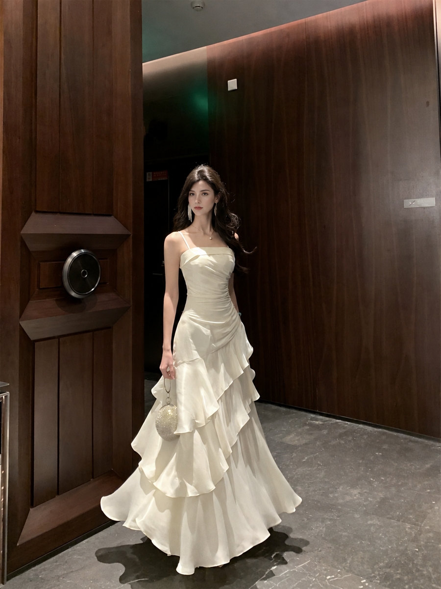 Ivory Ruffle-Tier Strappy Evening Maxi Dress
