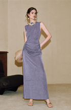Sleeveless Ruched Knit Maxi Dress - Purple