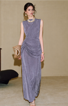 Sleeveless Ruched Knit Maxi Dress - Purple