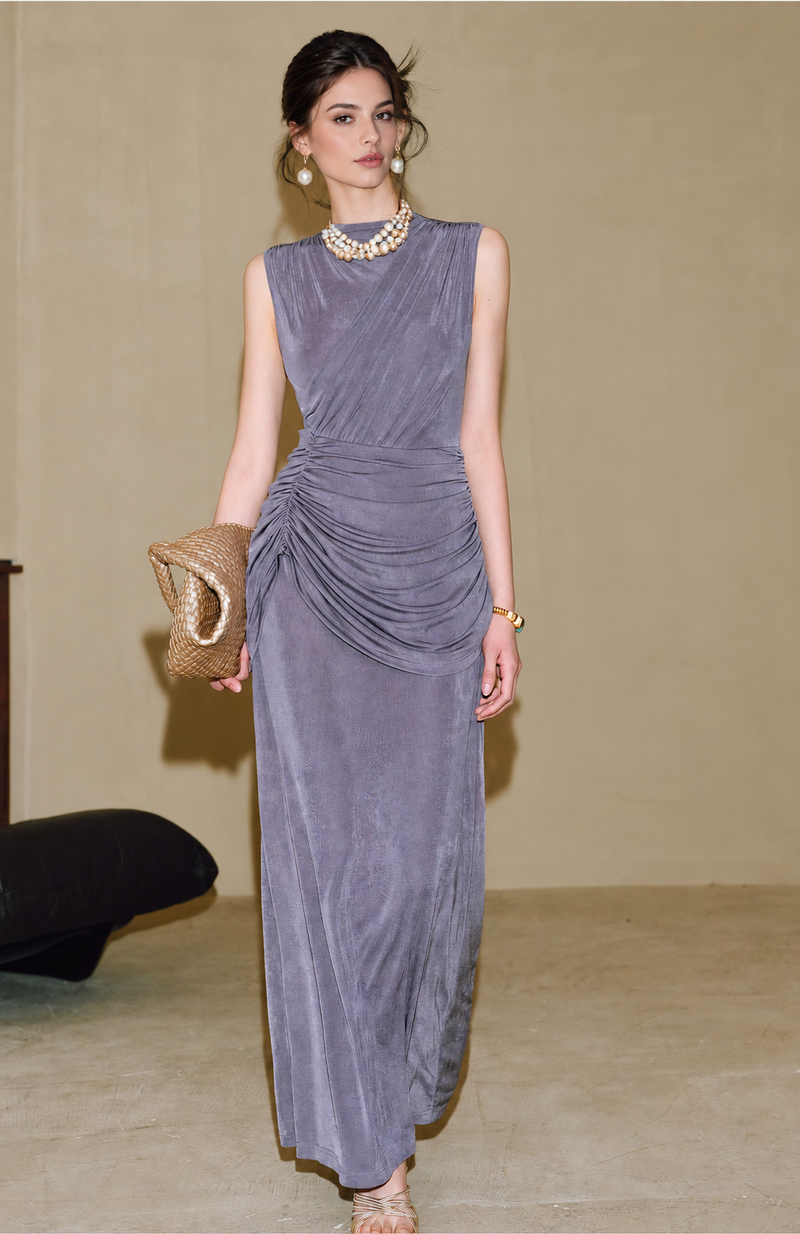 Sleeveless Ruched Knit Maxi Dress - Purple