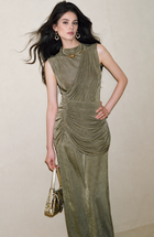Sleeveless Ruched Knit Maxi Dress - Sage
