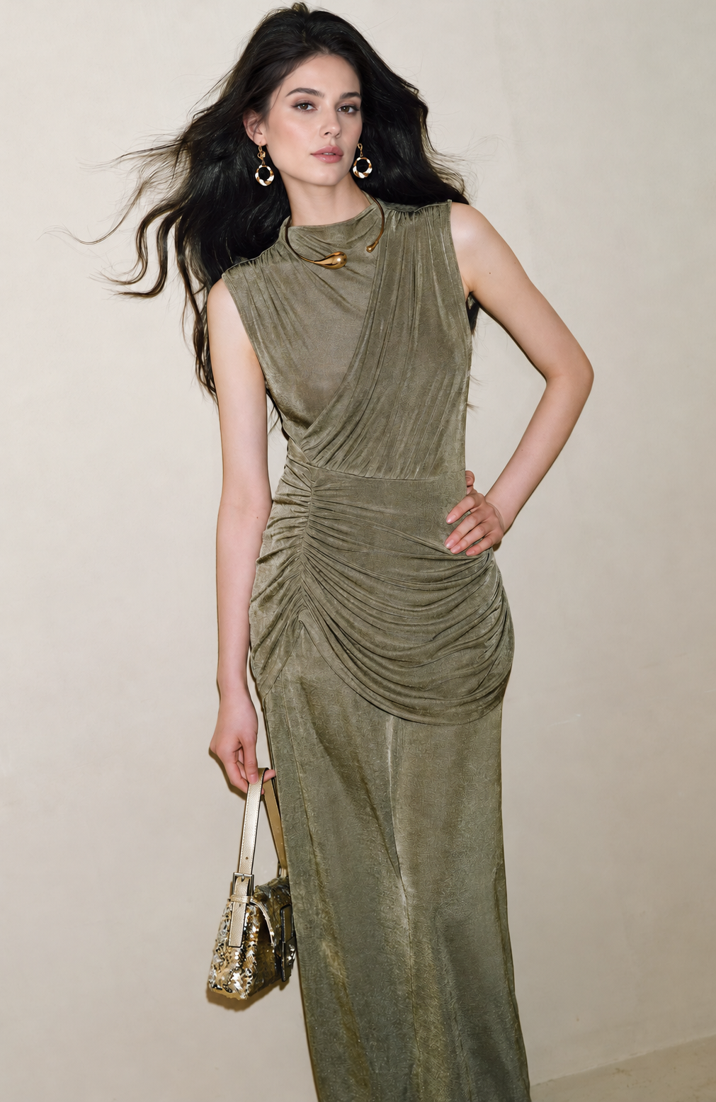 Sleeveless Ruched Knit Maxi Dress - Sage