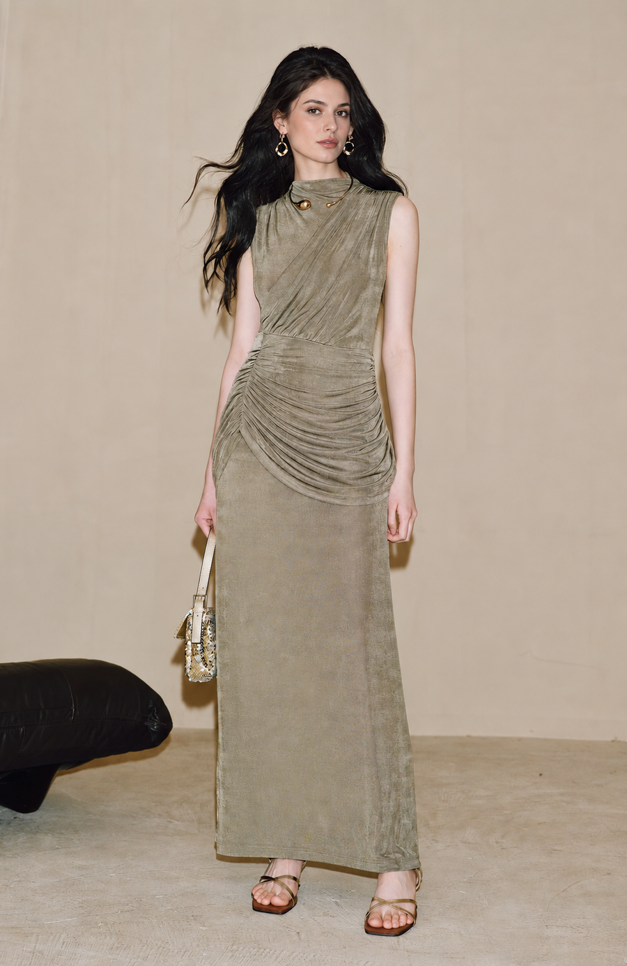 Sleeveless Ruched Knit Maxi Dress