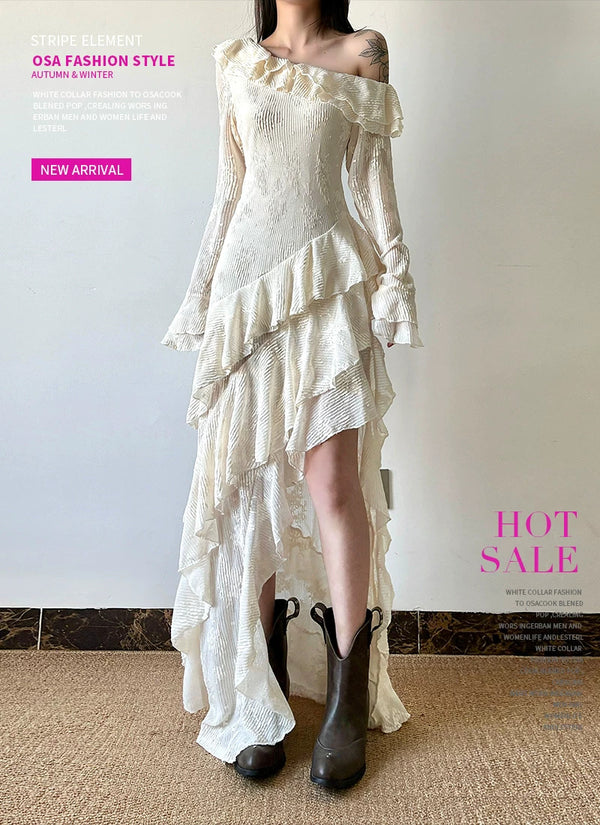 One-Shoulder Ruffle High-Low Maxi Dress - front view