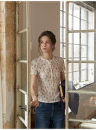 French Retro Textured Floral Knit T-Shirt Women Short Sleeve Lace Trim Neck Top