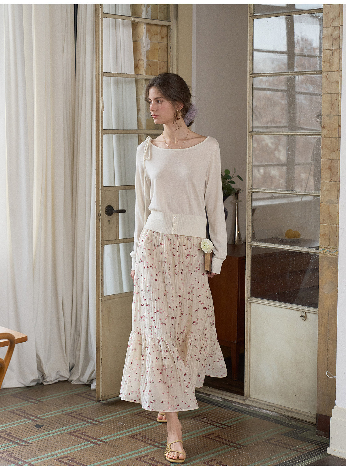 French Vintage Floral Tencel Midi Skirt