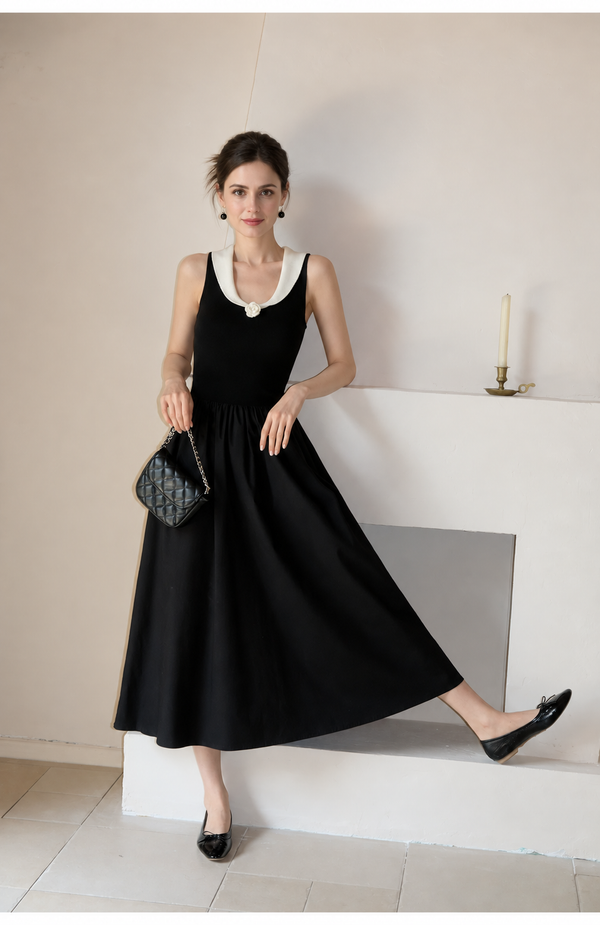 Contrast-Collar Crochet A-Line Midi Dress, black, front view
