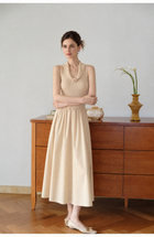 Contrast-Collar Crochet A-Line Midi Dress, nude tea apricot, front view