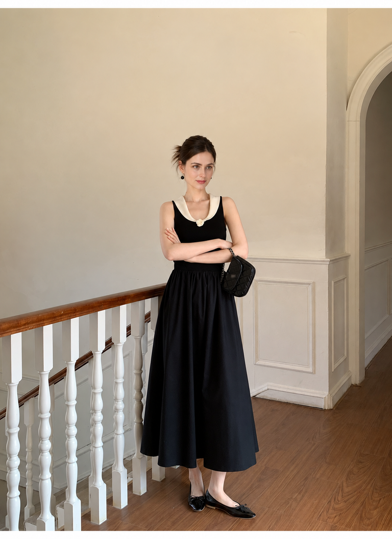 Contrast-Collar Crochet A-Line Midi Dress, black, additional view