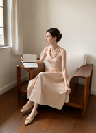 Contrast-Collar Crochet A-Line Midi Dress, nude tea apricot, additional view