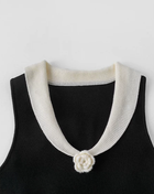 Contrast-Collar Crochet A-Line Midi Dress, Black, contrast collar