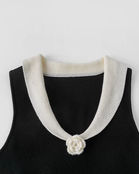 Contrast-Collar Crochet A-Line Midi Dress, Black, contrast collar