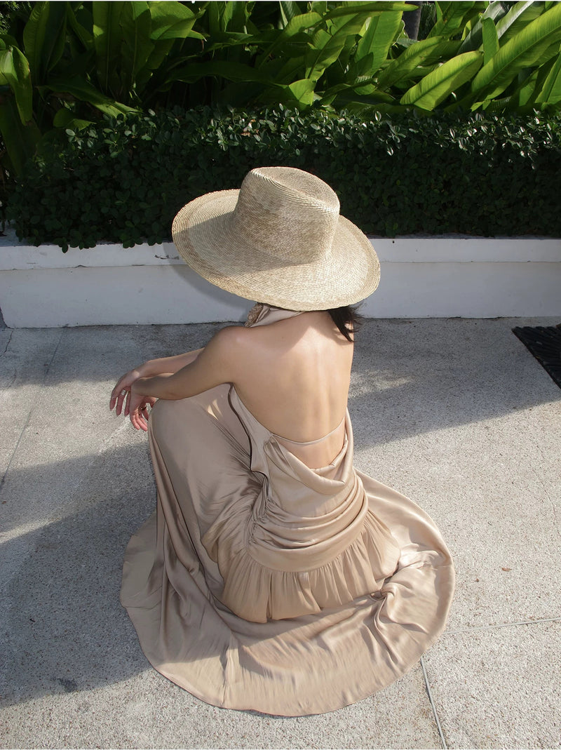 Apricot Cowl-Halter Open-Back Evening Dress - garment detail