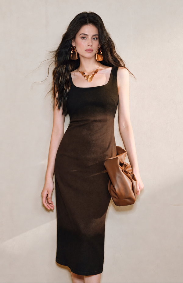 Scoop Neck Ombre Denim Midi Dress - Dark Brown