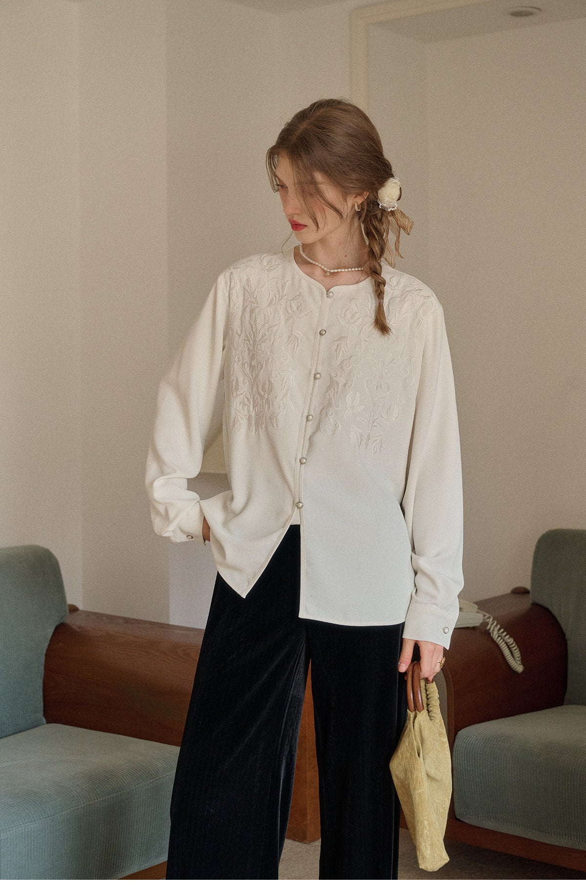 French Embroidered Crew Neck Blouse