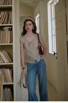 Vintage Plant Embroidered Lyocell Two-Piece Set - V-Neck Puff Sleeve Top & Midi Skirt