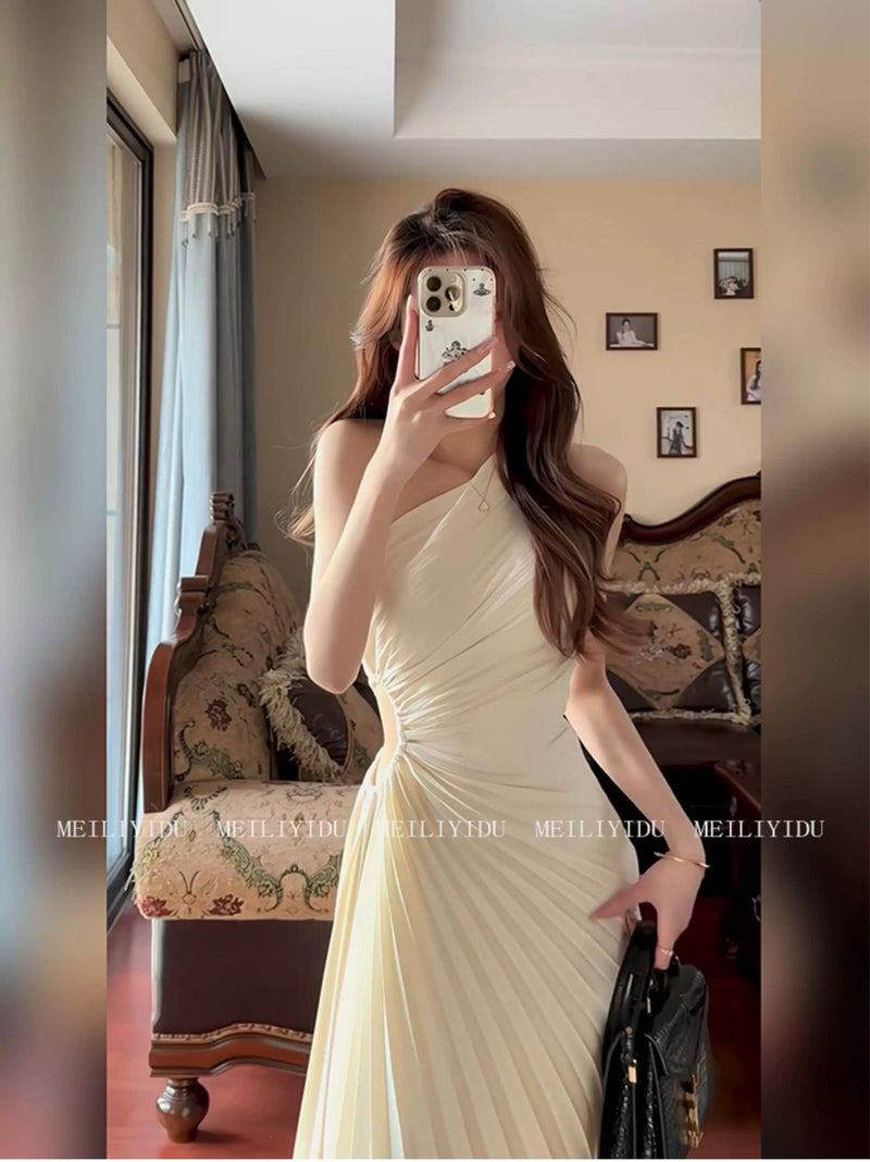Ivory One-Shoulder Cutout Pleated Maxi Dress - garment view