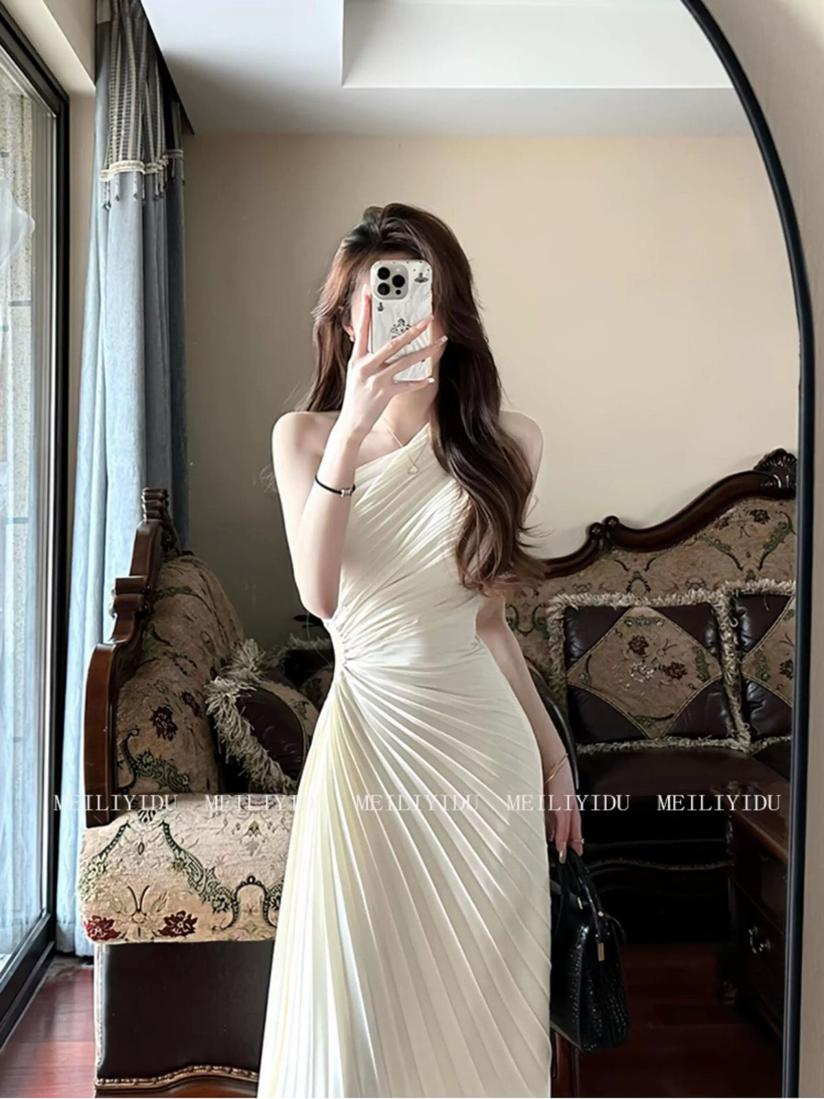 Ivory One-Shoulder Cutout Pleated Maxi Dress - garment detail