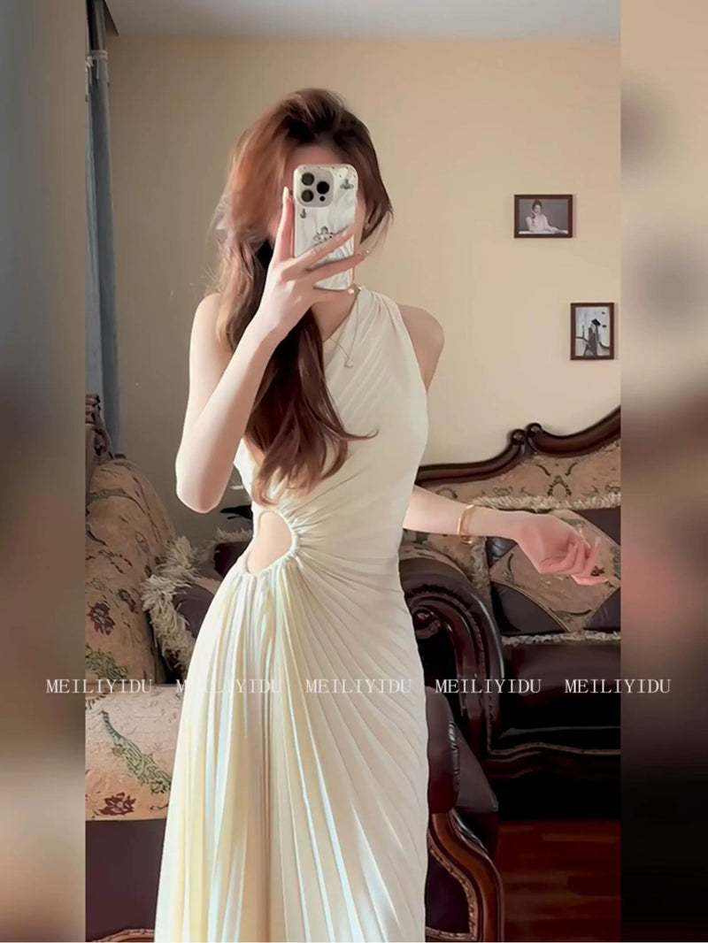 Ivory One-Shoulder Cutout Pleated Maxi Dress - garment detail