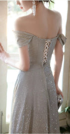 Champagne Sequin Off-Shoulder Ruched Maxi Dress - garment detail